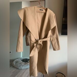 Boohoo Camel Wrap Coat with Belt – Waterfall Collar, Fits L